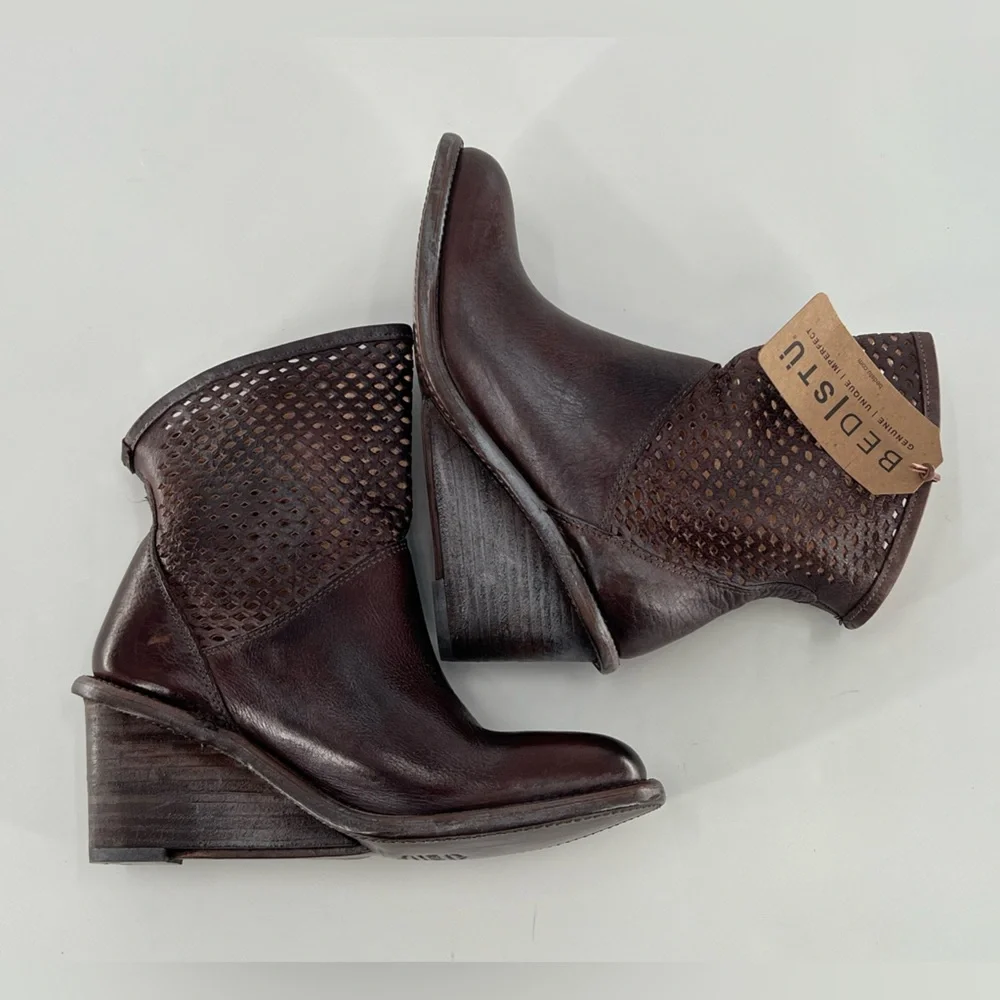 Bed‎ Stu Duchess Teak Rustic Perforated Boho SlouchyWedge Boots 9.5